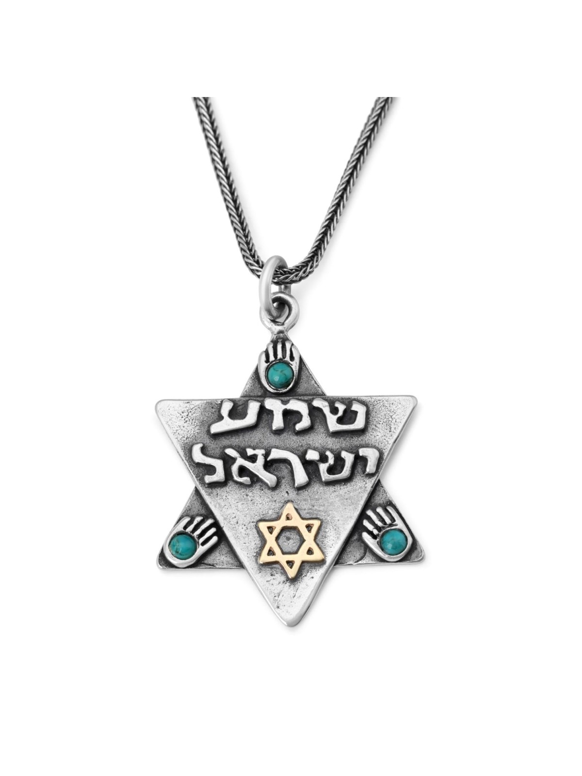 Shema Israël : Grand collier étoile de David en argent et or avec Hamsas