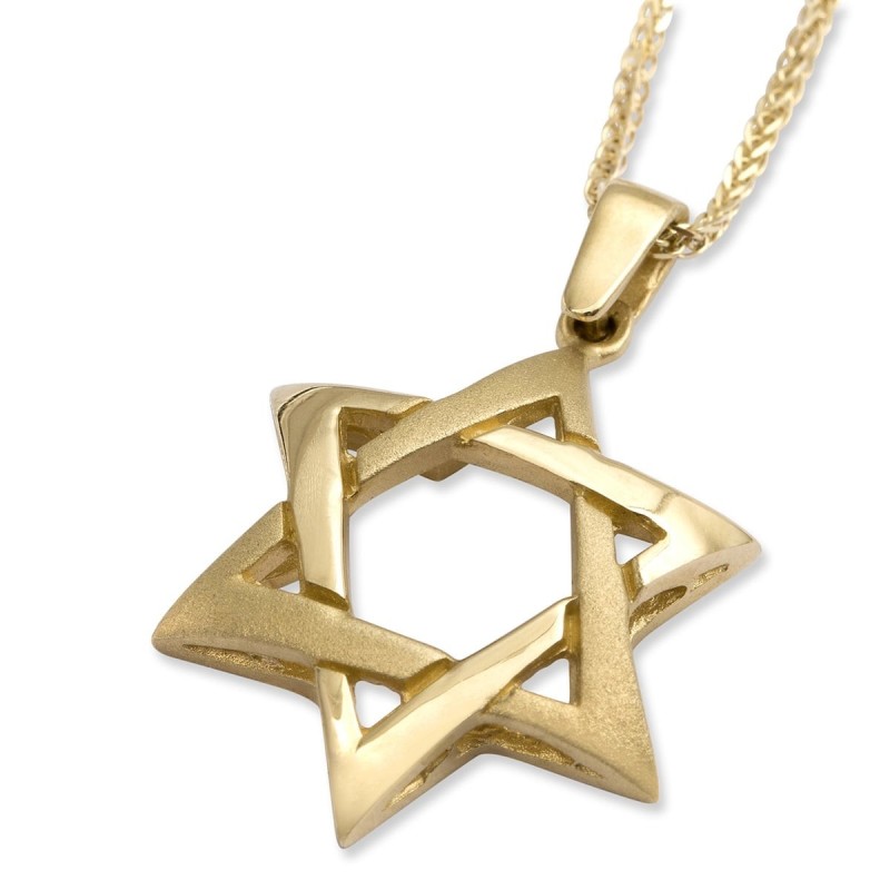 Grand collier à pendentif étoile de David entrelacée en or jaune 14 carats