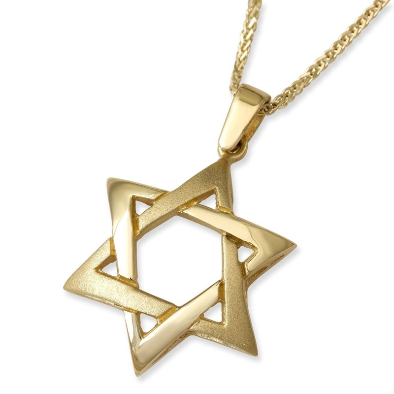 Grand collier à pendentif étoile de David entrelacée en or jaune 14 carats