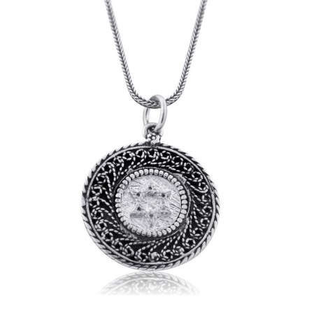 Priestly Blessing: Filigree Silver Disk Star of David Pendant Necklace