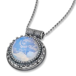 Shema Israël : Grand collier en argent orné pour femme avec opalite géante