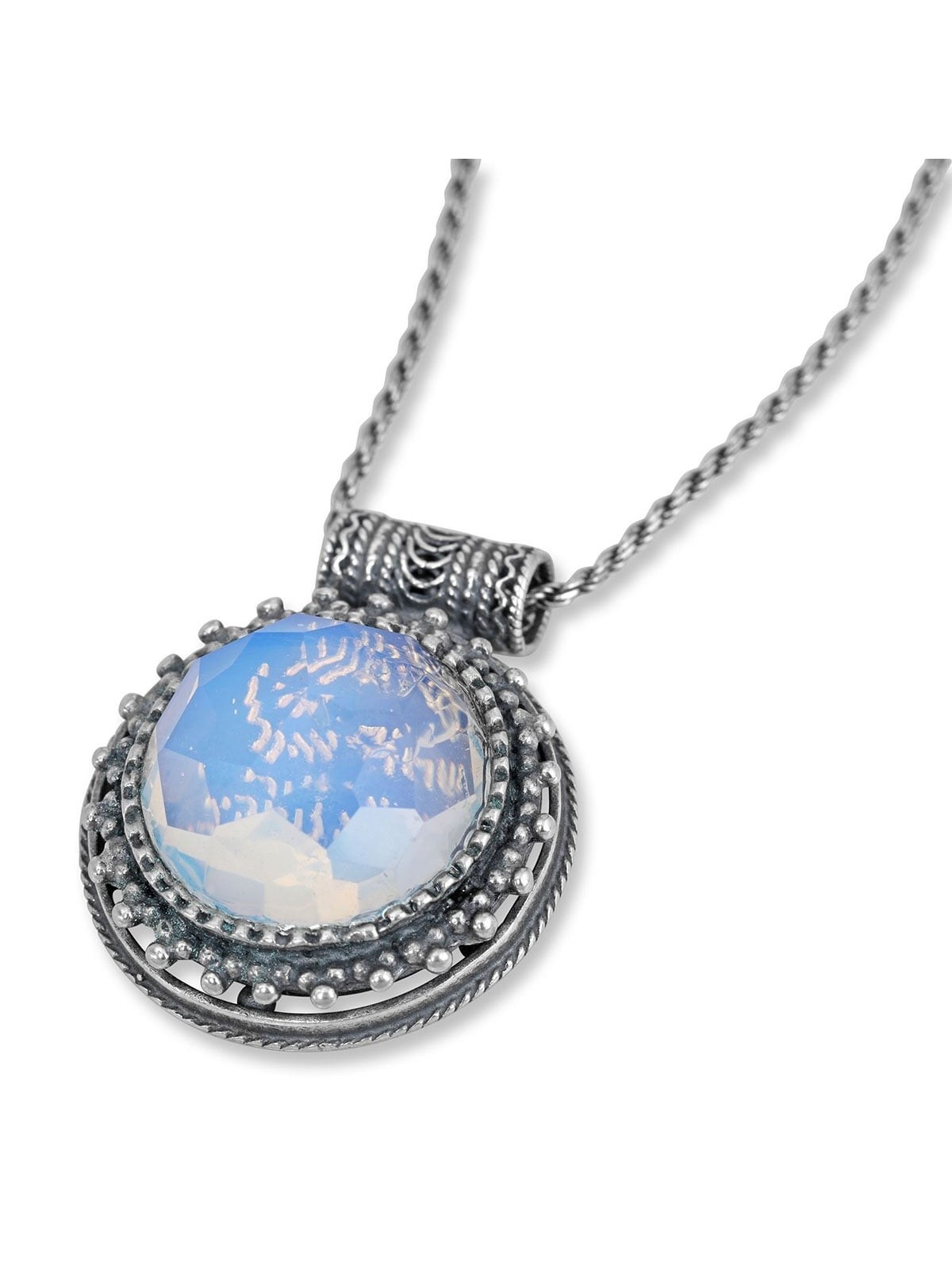 Shema Israel: Women's Large Ornate Silver Necklace with Giant Opalite