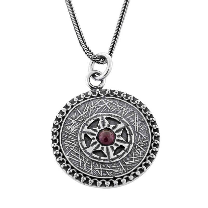 Ana Bekoach: Ornate Silver Necklace with Star of David & Garnet