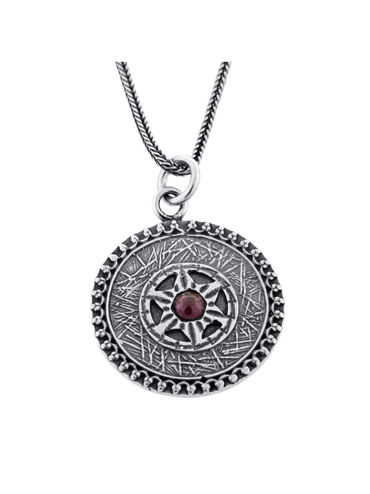 Ana Bekoach: Ornate Silver Necklace with Star of David & Garnet