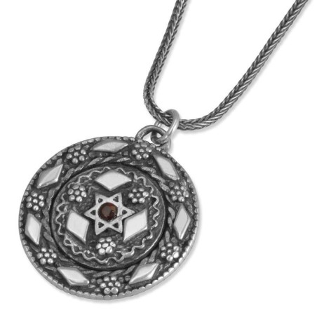 Sterling Silver Disk Pendant Necklace with 9K Gold Star of David and G