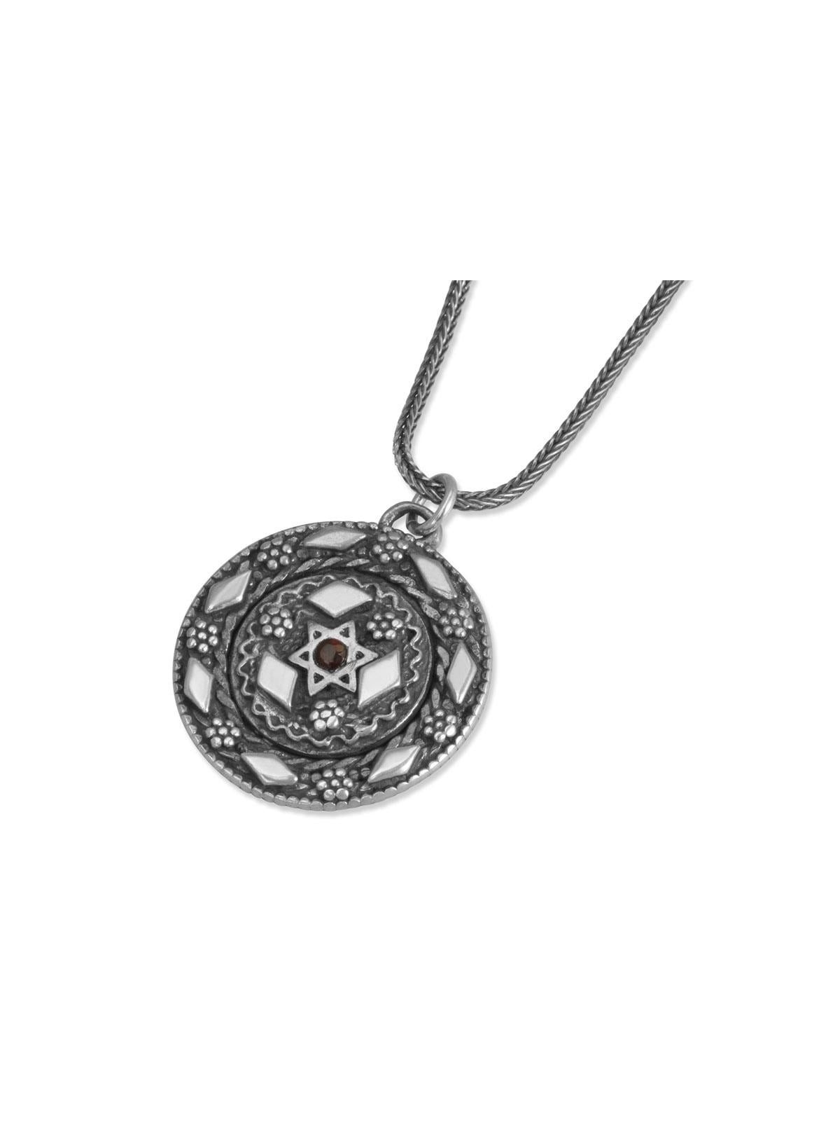 Sterling Silver Disk Pendant Necklace with 9K Gold Star of David and G