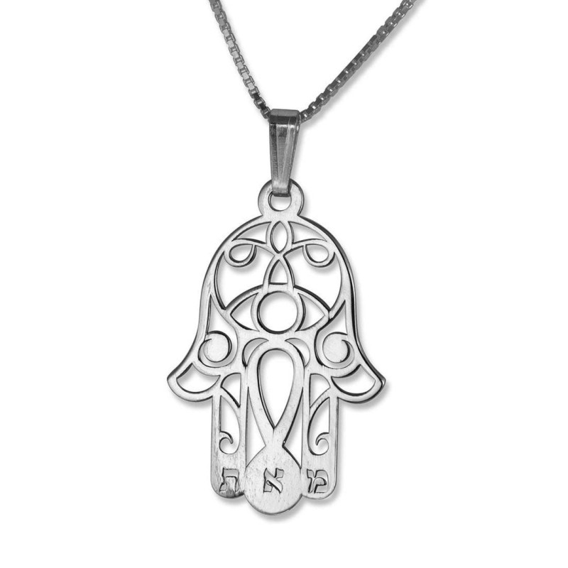 Sterling Silver / 24K Gold Plated Hamsa Necklace with Evil Eye and Heb
