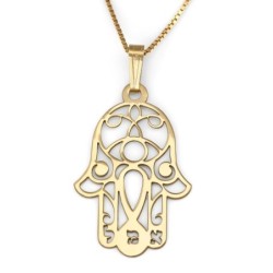 Sterling Silver / 24K Gold Plated Hamsa Necklace with Evil Eye and Heb