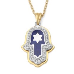 Anbinder Jewelry 14K Gold Star of David Hamsa Diamond Pendant with Blu