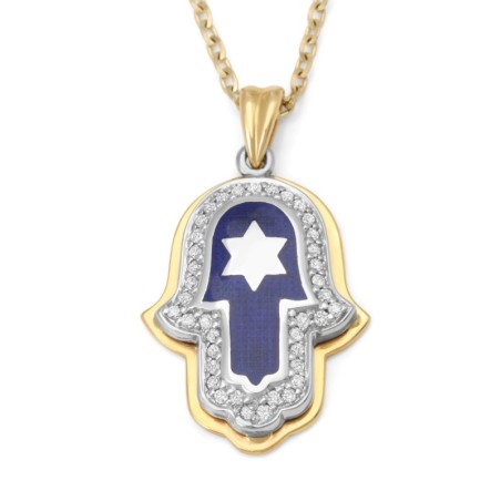 Anbinder Jewelry 14K Gold Star of David Hamsa Diamond Pendant with Blu