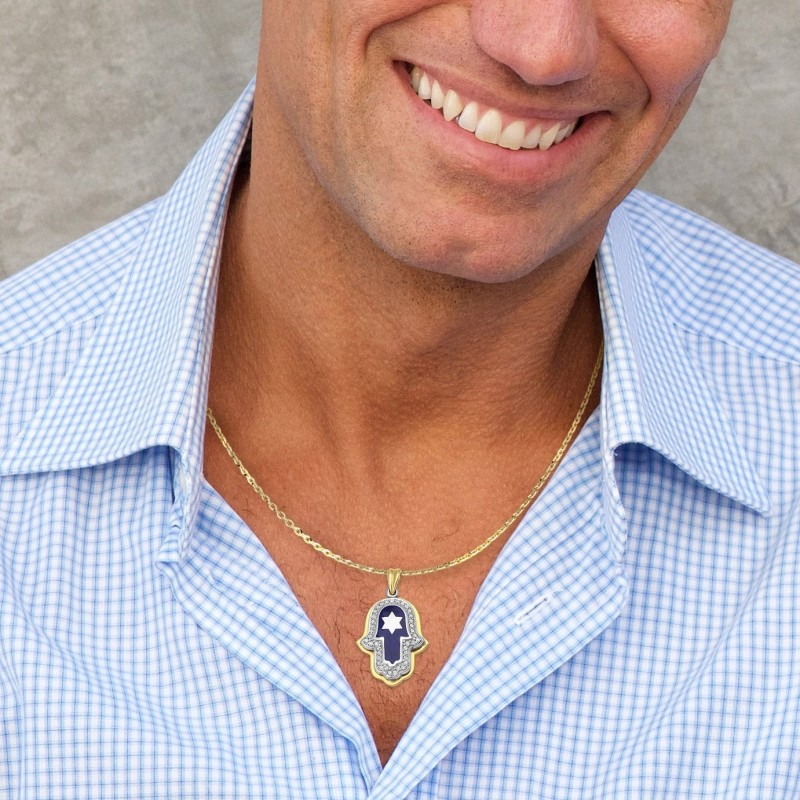 Anbinder Jewelry 14K Gold Star of David Hamsa Diamond Pendant with Blu