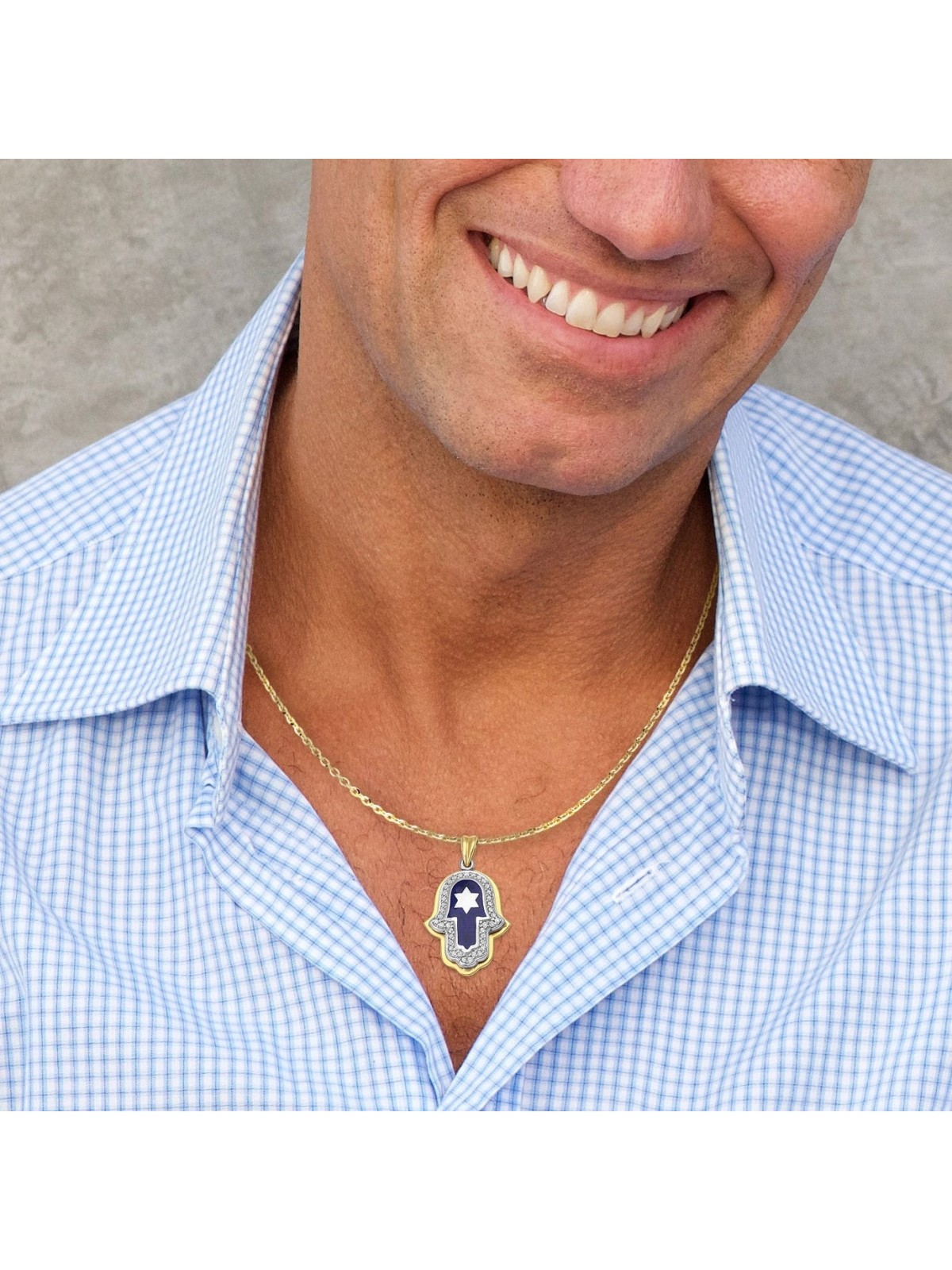 Anbinder Jewelry 14K Gold Star of David Hamsa Diamond Pendant with Blu