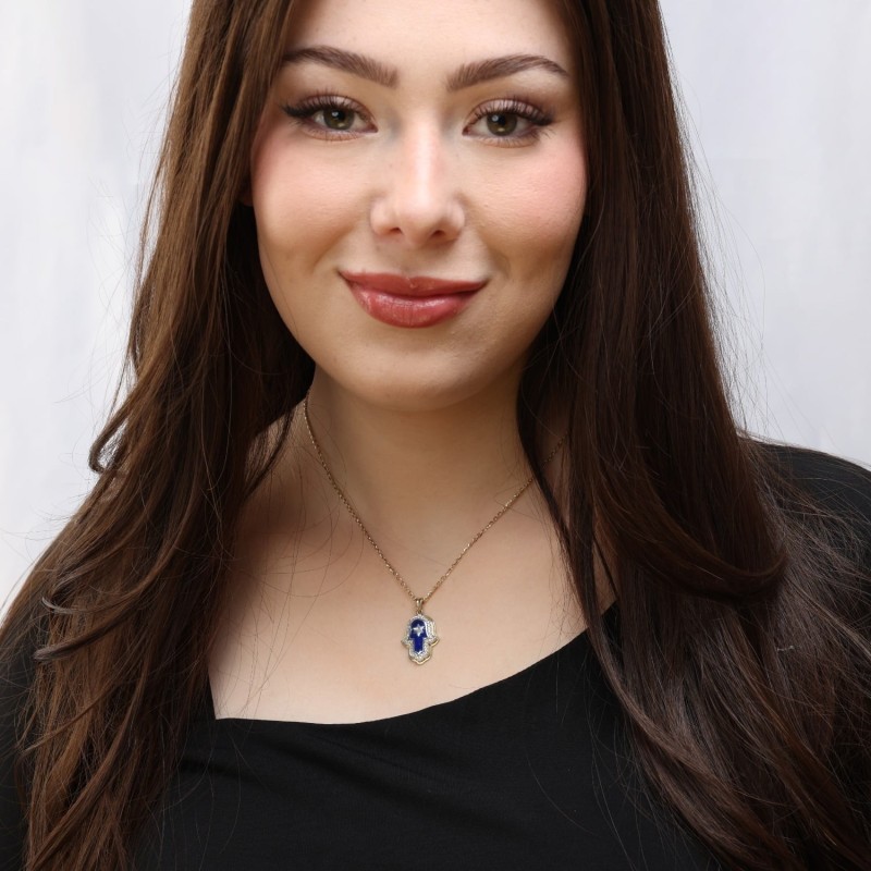Anbinder Jewelry 14K Gold Star of David Hamsa Diamond Pendant with Blu