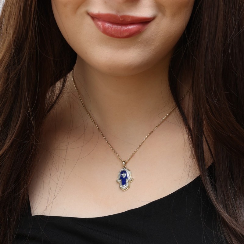 Anbinder Jewelry Pendentif étoile de David Hamsa en or 14 carats avec diamant Blu