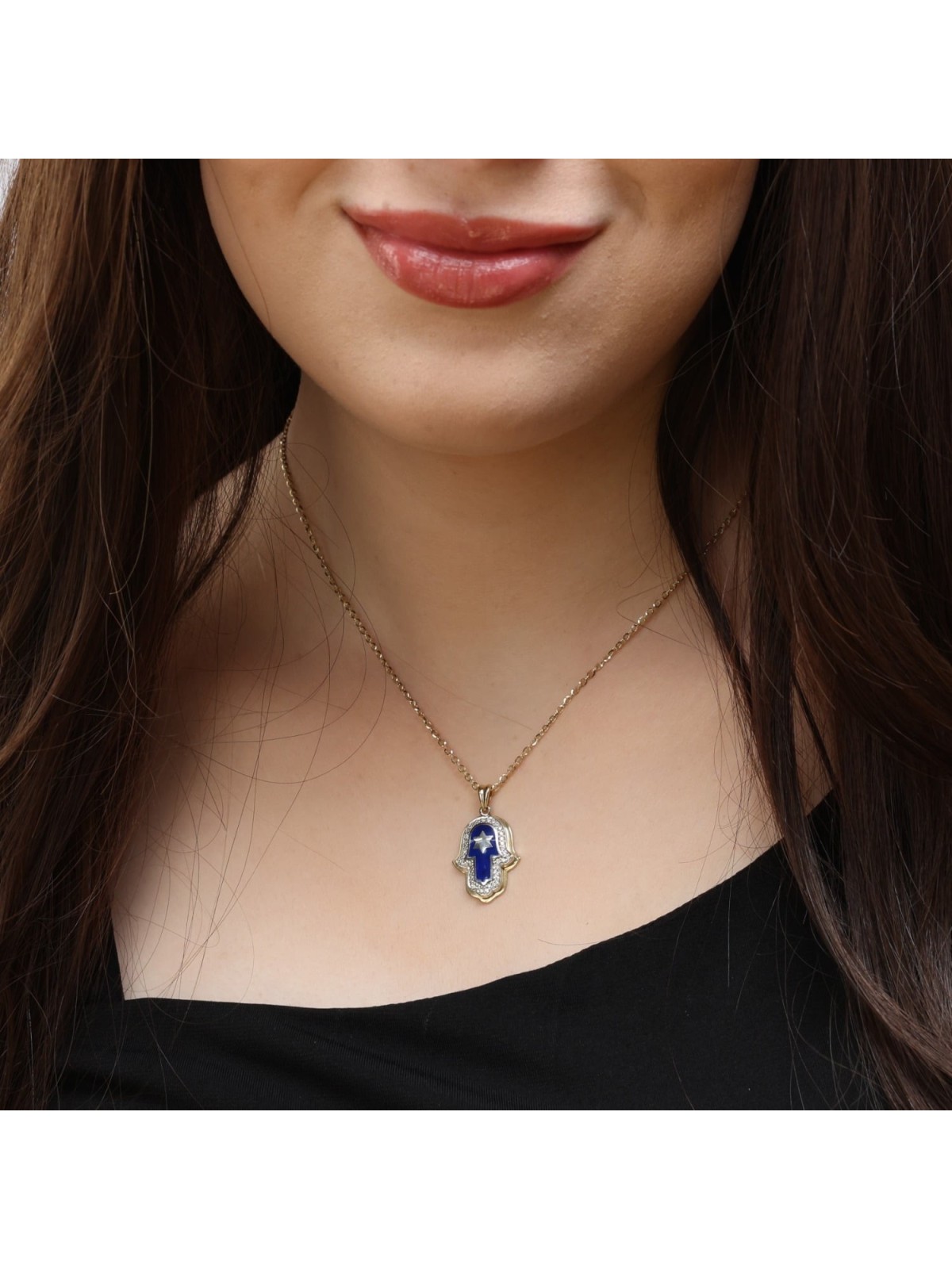 Anbinder Jewelry 14K Gold Star of David Hamsa Diamond Pendant with Blu