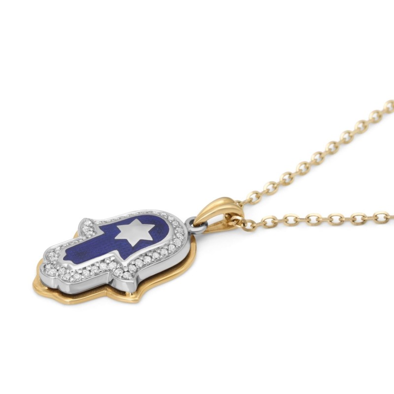 Anbinder Jewelry Pendentif étoile de David Hamsa en or 14 carats avec diamant Blu
