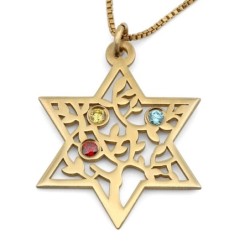 Collier avec pierre de naissance étoile de David et arbre de vie - Plaqué or 24 carats