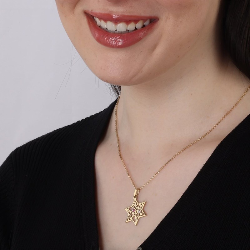 Birthstone Star of David and Tree of Life Necklace - 24K Gold-Plated
