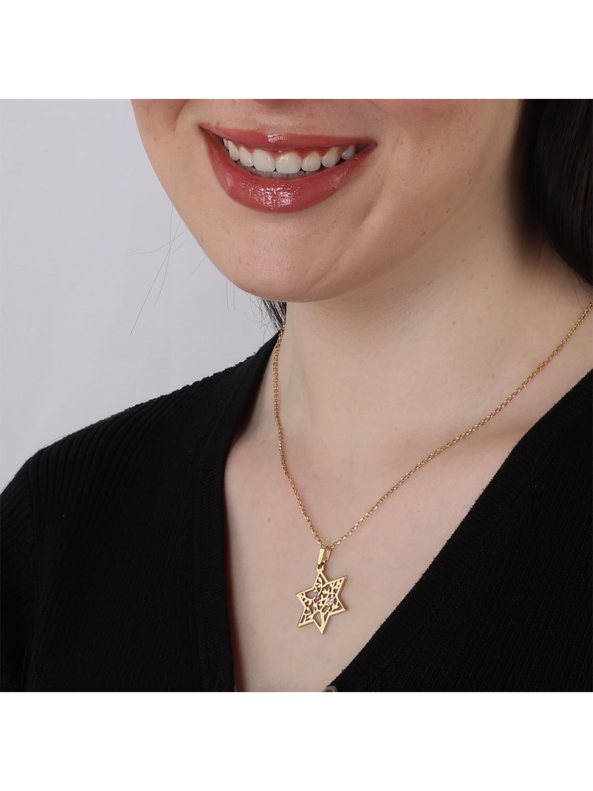 Collier avec pierre de naissance étoile de David et arbre de vie - Plaqué or 24 carats