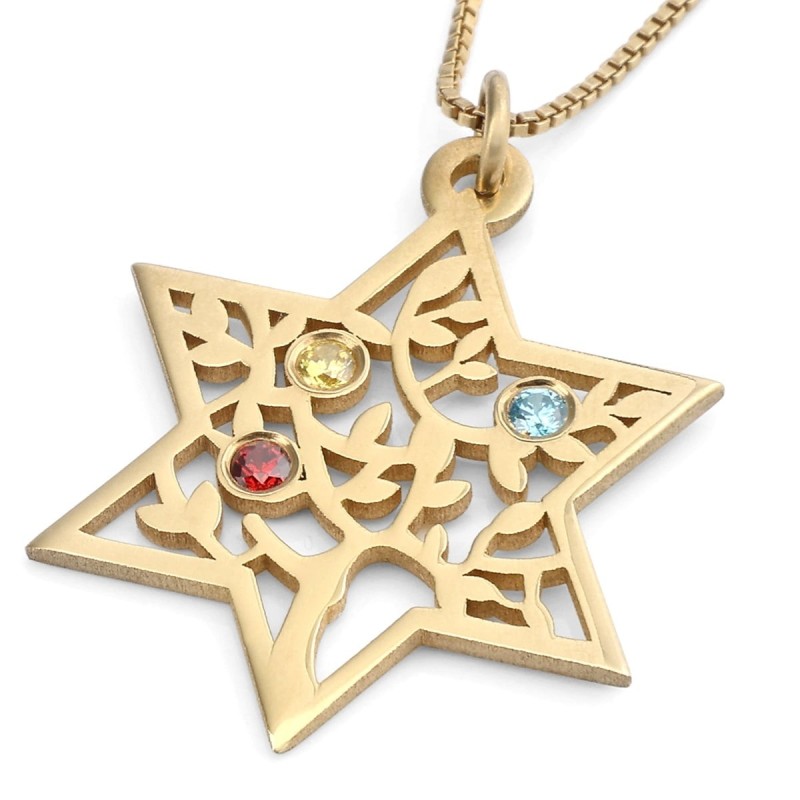 Birthstone Star of David and Tree of Life Necklace - 24K Gold-Plated