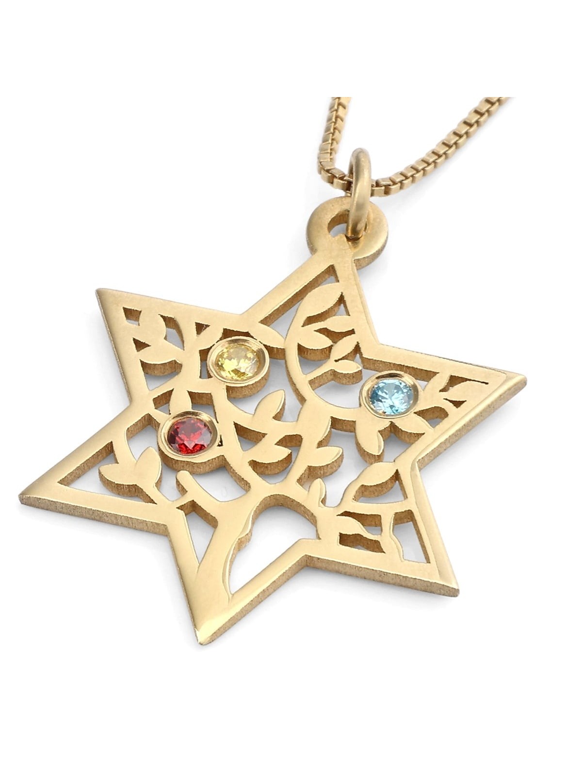 Collier avec pierre de naissance étoile de David et arbre de vie - Plaqué or 24 carats