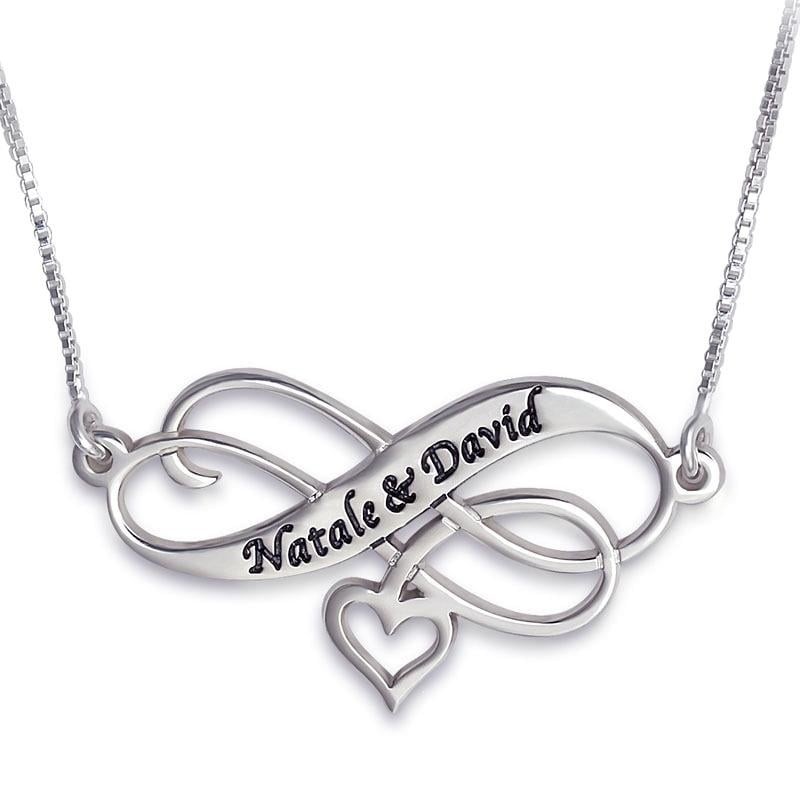 Collier coeur infini gravé en argent (hébreu/anglais)