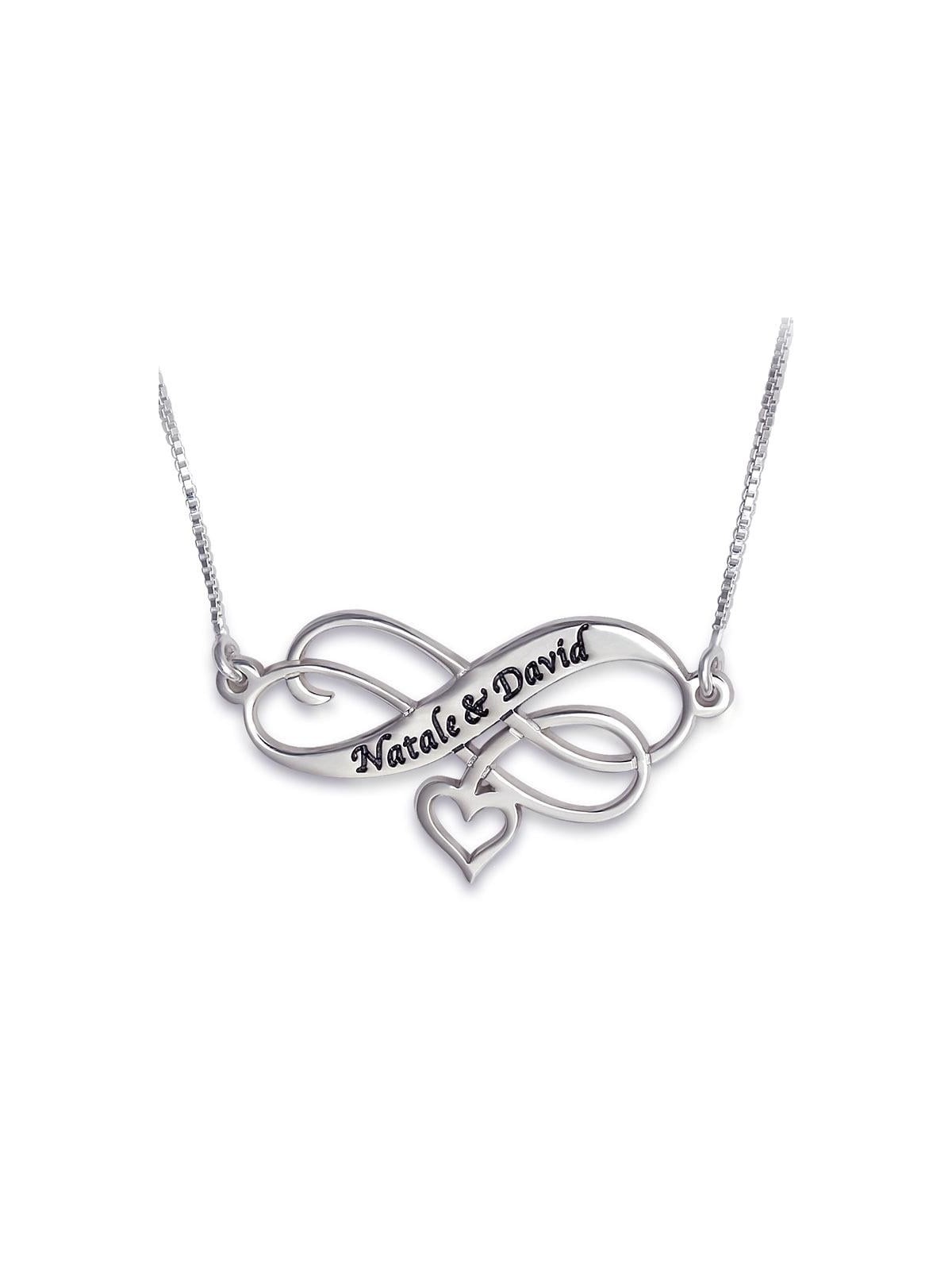Collier coeur infini gravé en argent (hébreu/anglais)