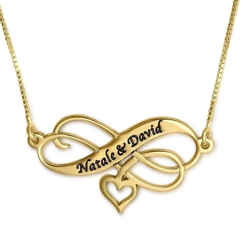 Collier coeur infini gravé en argent (hébreu/anglais)