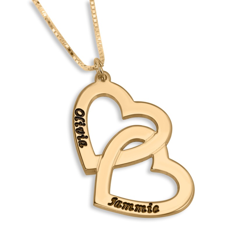Collier Hébreu / Anglais Plaqué Or Coeurs Entrelacés