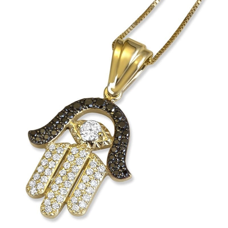 14K Gold Hamsa and Evil Eye Pendant with Black and White Diamonds