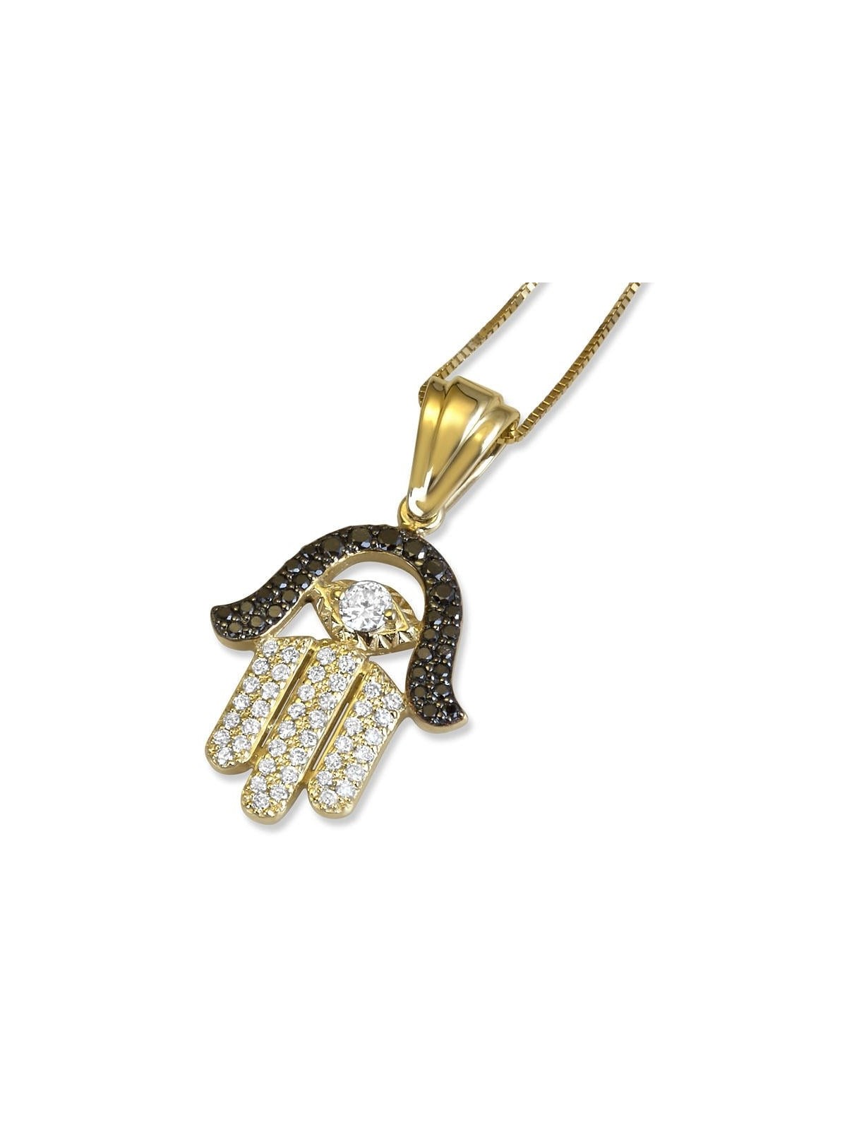 14K Gold Hamsa and Evil Eye Pendant with Black and White Diamonds