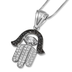 14K Gold Hamsa and Evil Eye Pendant with Black and White Diamonds