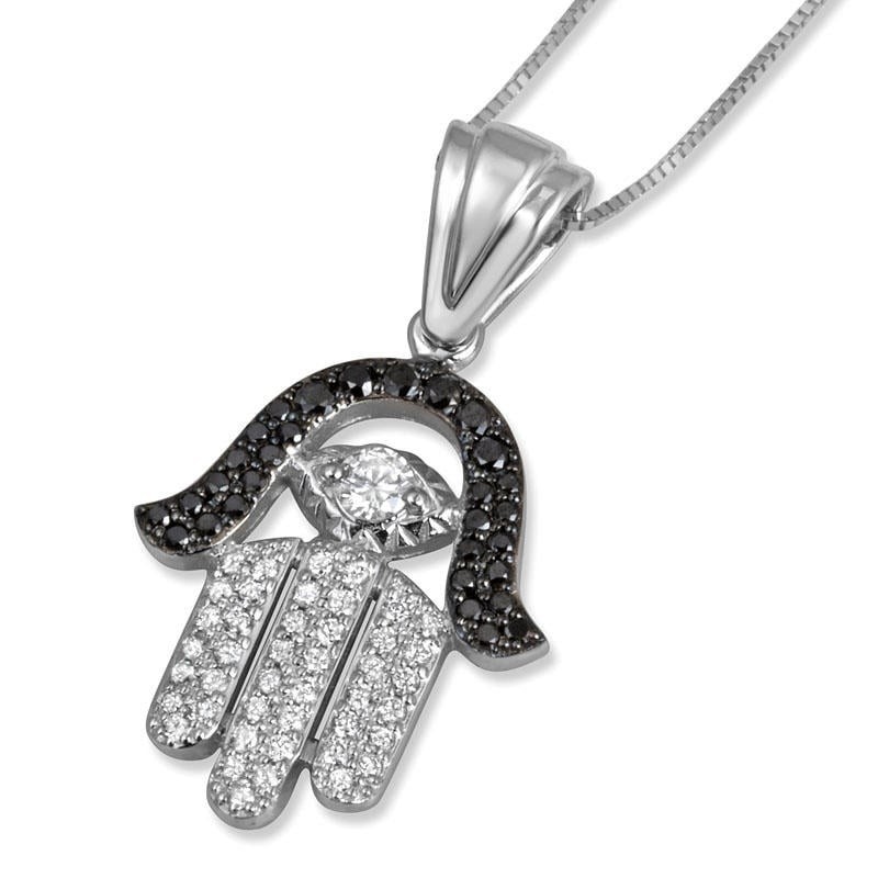 Pendentif Hamsa et mauvais œil en or 14 carats avec diamants noirs et blancs