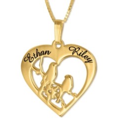 Hebrew Name Necklace - Gold Plated Engraved Love Birds Heart Necklace