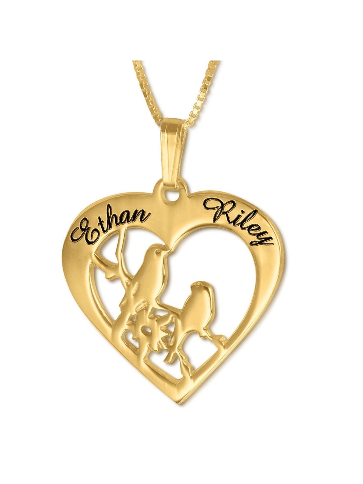 Hebrew Name Necklace - Gold Plated Engraved Love Birds Heart Necklace