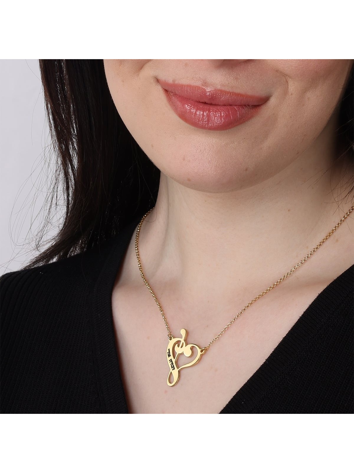 Gold Plated Music Notes Heart English / Hebrew Name Necklace (Up To 2