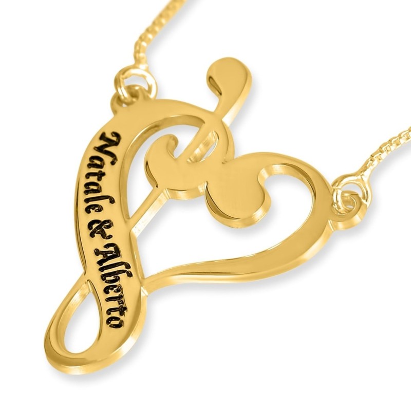 Collier Plaqué Or Notes de Musique Coeur Nom Anglais/Hébreu (Jusqu'à 2