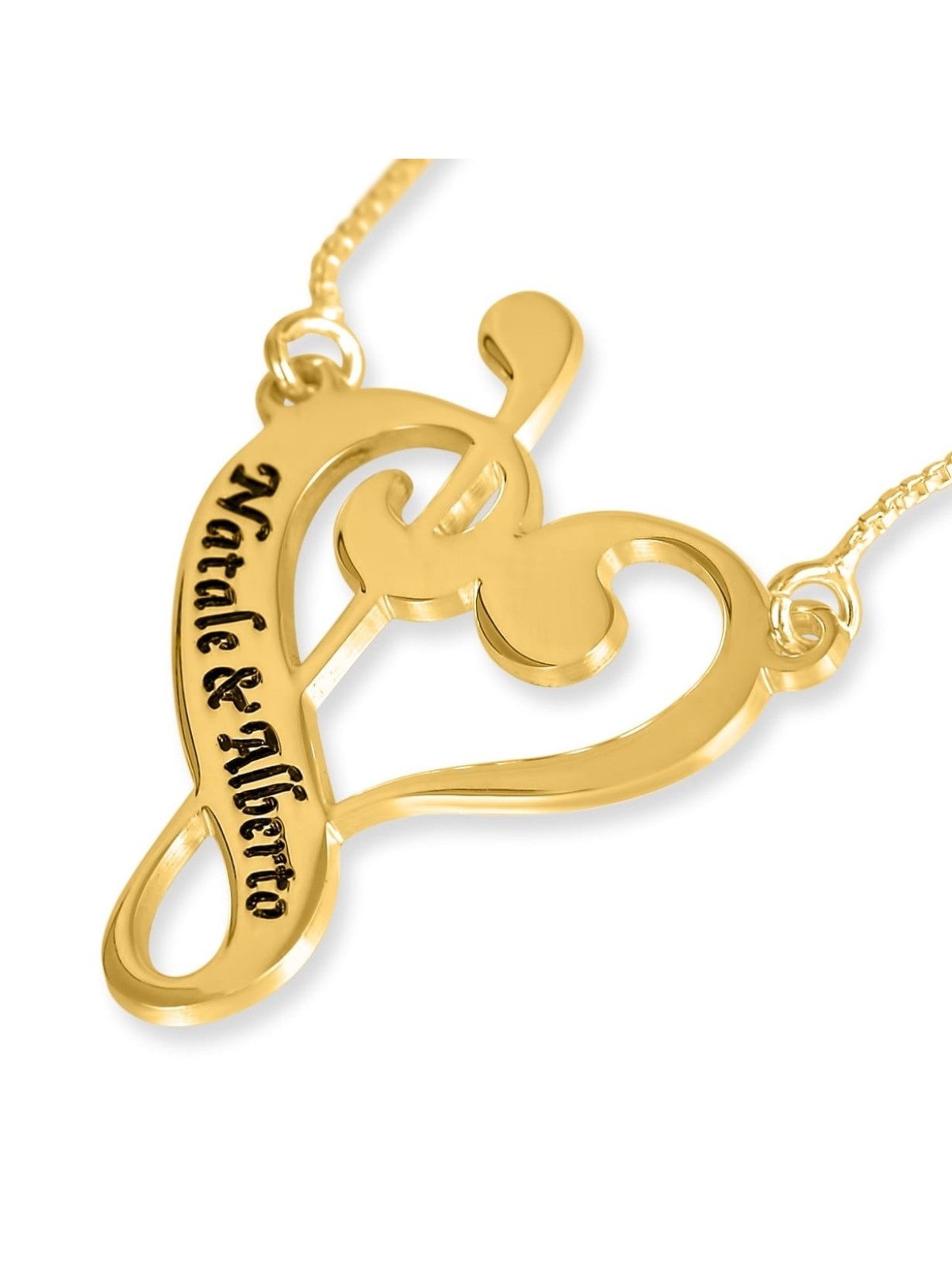 Collier Plaqué Or Notes de Musique Coeur Nom Anglais/Hébreu (Jusqu'à 2