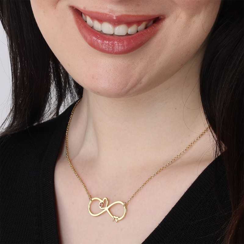Collier Prénom Infini Anglais / Hébreu Plaqué Or avec Coeur et Bir