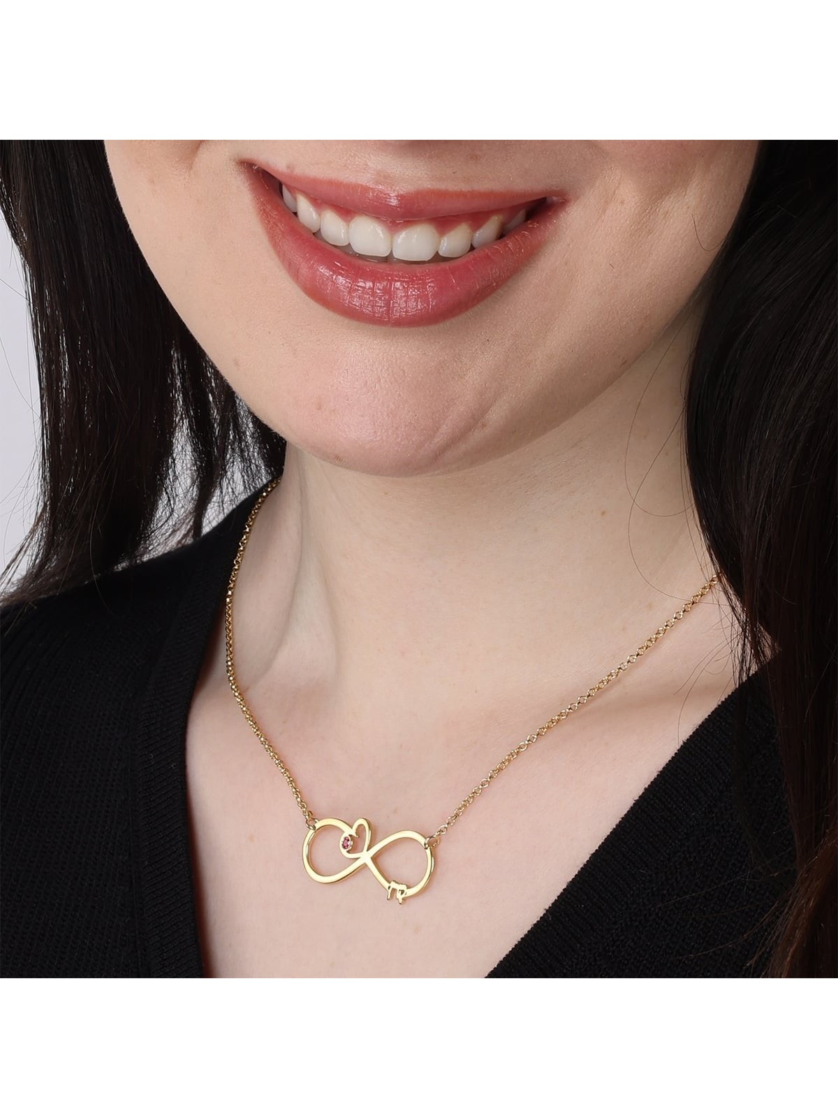 Gold Plated English / Hebrew Infinity Name Necklace with Heart and Bir