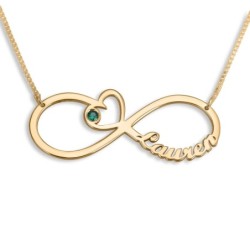Gold Plated English / Hebrew Infinity Name Necklace with Heart and Bir