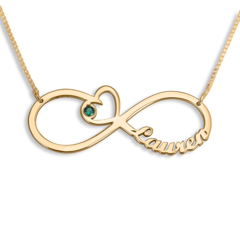 Gold Plated English / Hebrew Infinity Name Necklace with Heart and Bir