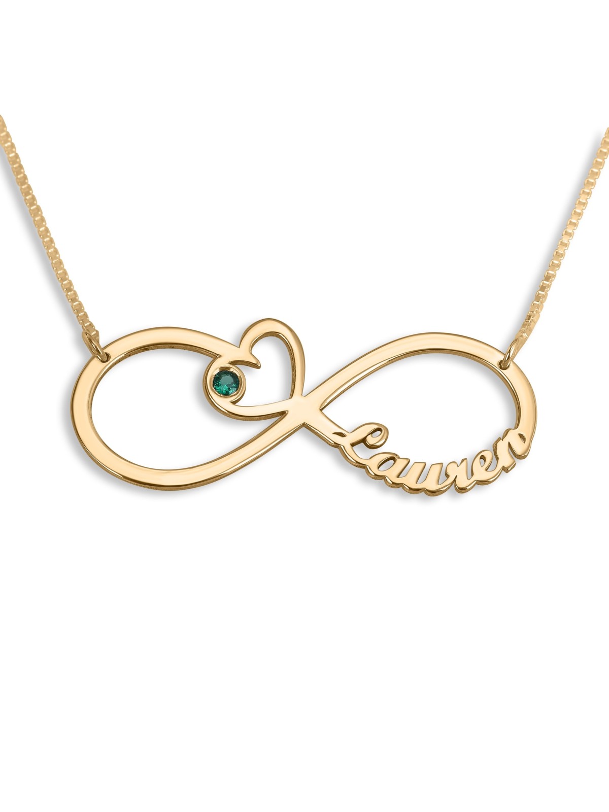 Gold Plated English / Hebrew Infinity Name Necklace with Heart and Bir