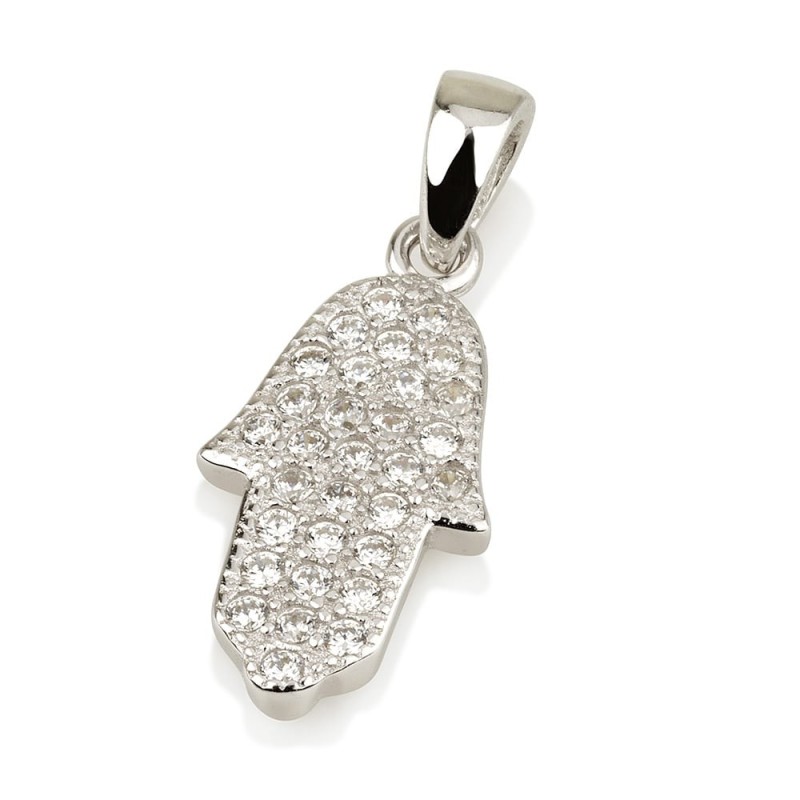 Sterling Silver Hamsa Pendant Necklace With Zirconia Accent