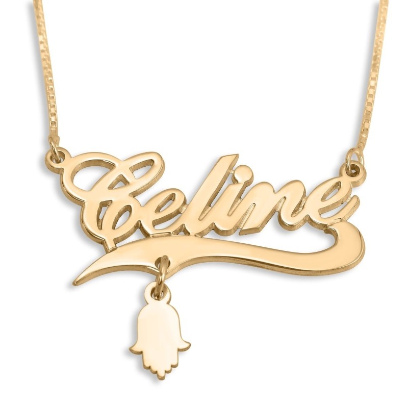 Collier prénom personnalisable plaqué or 24 carats avec breloque Hamsa