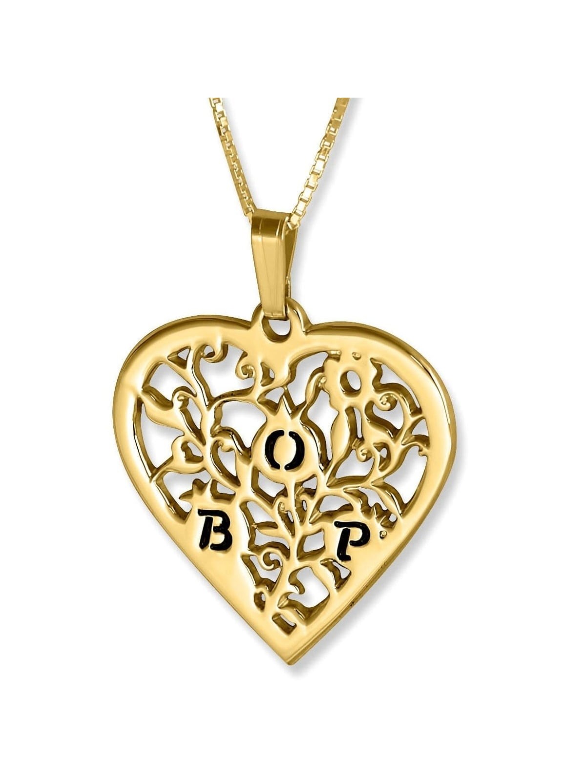 Gold Plated Engraved Pomegranate Heart Necklace for Mom (Hebrew / Engl