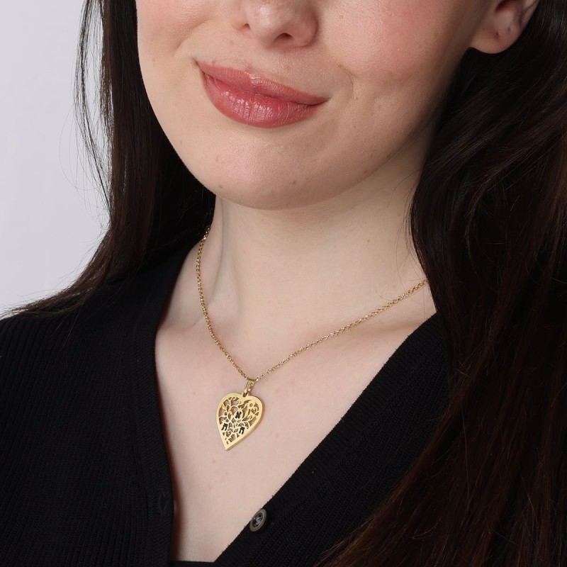 Gold Plated Engraved Pomegranate Heart Necklace for Mom (Hebrew / Engl