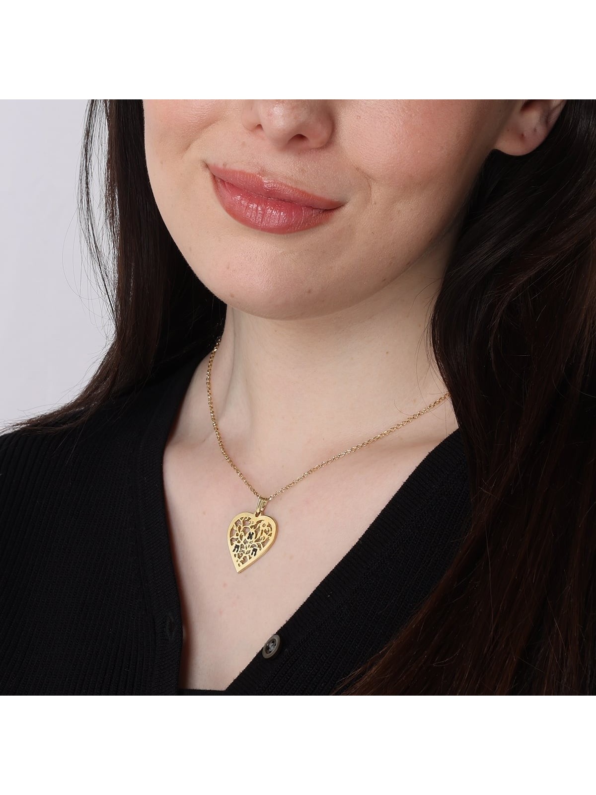 Gold Plated Engraved Pomegranate Heart Necklace for Mom (Hebrew / Engl