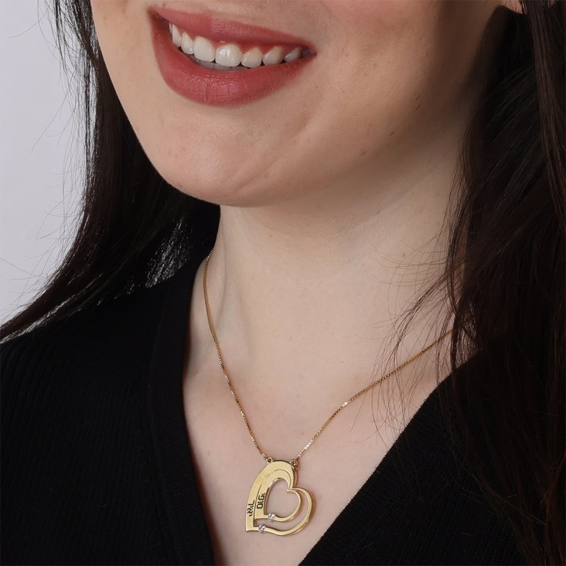 Gold Plated Up to Two Kids' Names Mom Double Heart Necklace with Birth