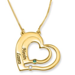 Gold Plated Up to Two Kids' Names Mom Double Heart Necklace with Birth